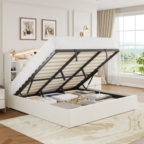 Homfa King Size Lift Up Storage Bed, Modern LED Headboard with USB Charging Port, Hydraulic Support, Beige