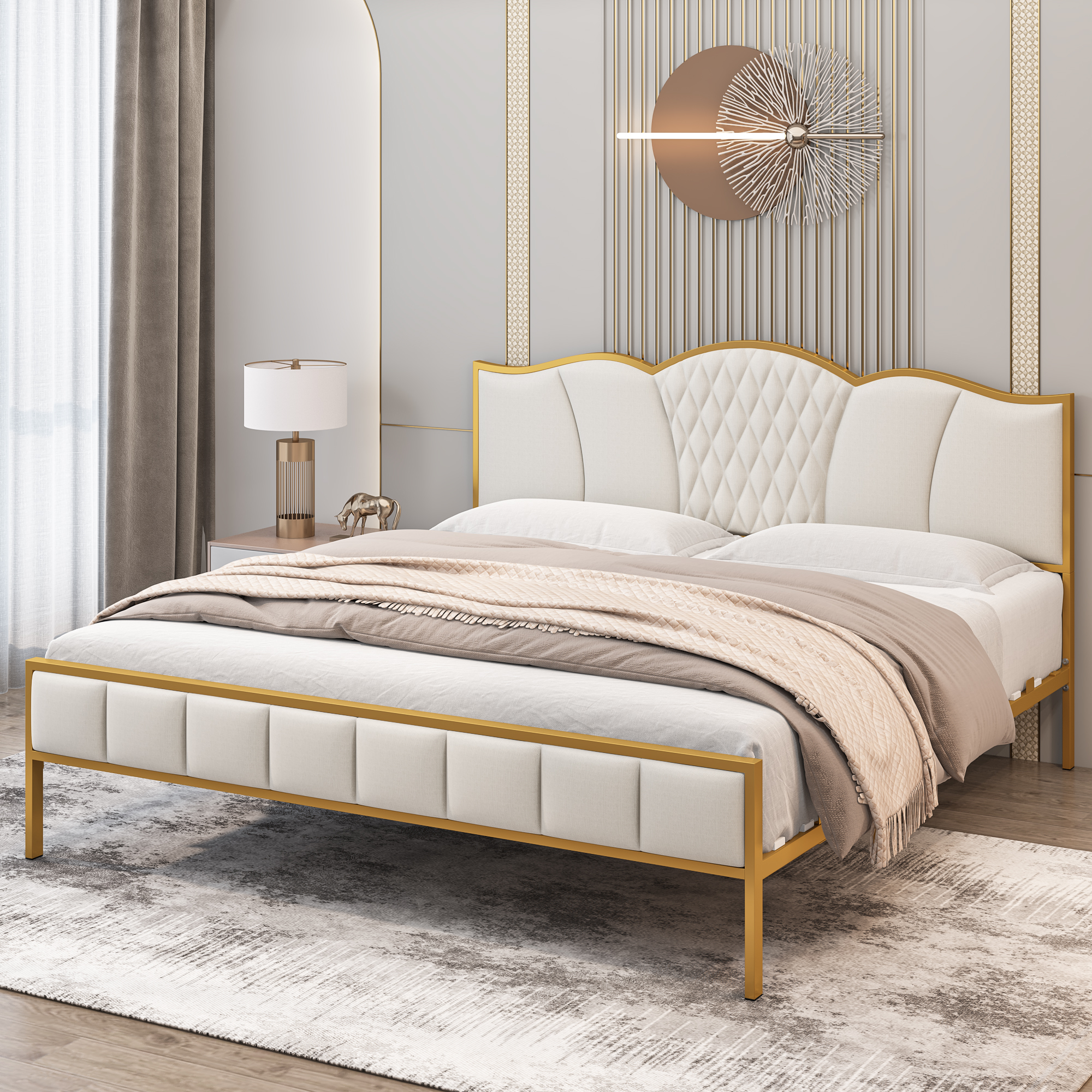 Homfa King Size Metal Bed Frame, Modern Linen Fabric Upholstered Platform Bed Frame with Tufted Headboard, Beige and Gold - image 1 of 10