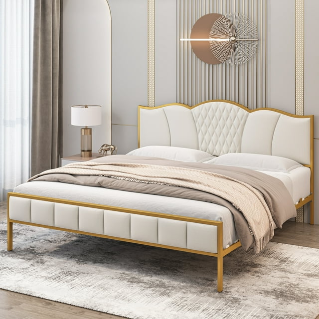 Homfa King Size Metal Bed Frame, Modern Linen Fabric Upholstered Platform Bed Frame with Tufted Headboard, Beige and Gold