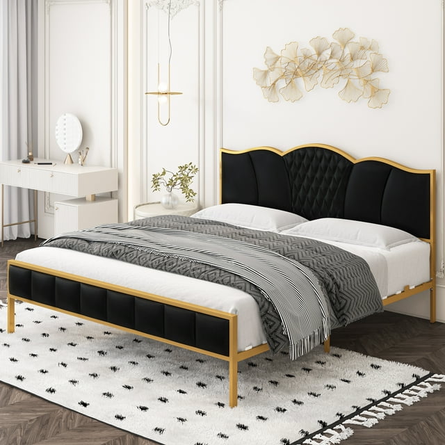 Homfa King Size Metal Bed Frame, Modern PU Upholstered Platform Bed