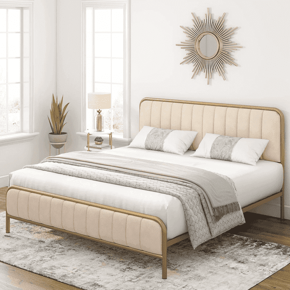 Homfa King Size Platform Bed Frame, Round Metal Tube Heavy Duty Bed Frame with Tufted Upholstered Headboard, Gold and Beige
