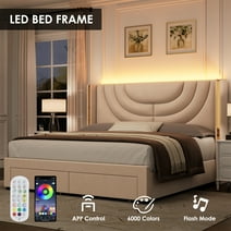 Homfa King Size Platform Bed Frame with Velvet Upholstered Headboard, LED Bed Frame with 2 Drawers, Off-white