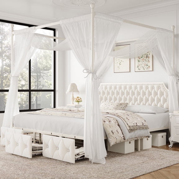 Homfa King Size Removable Canopy Bed Frame, 3 Storage Drawers Metal Platform Bed with Button Tufted Upholstered Headboard, Canopy Bed Curtain Not Included, Beige