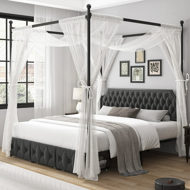Homfa King Size Bed Frame with Removable Canopy 3 Drawer Storage Tufted Upholstered Headboard Dark Gray