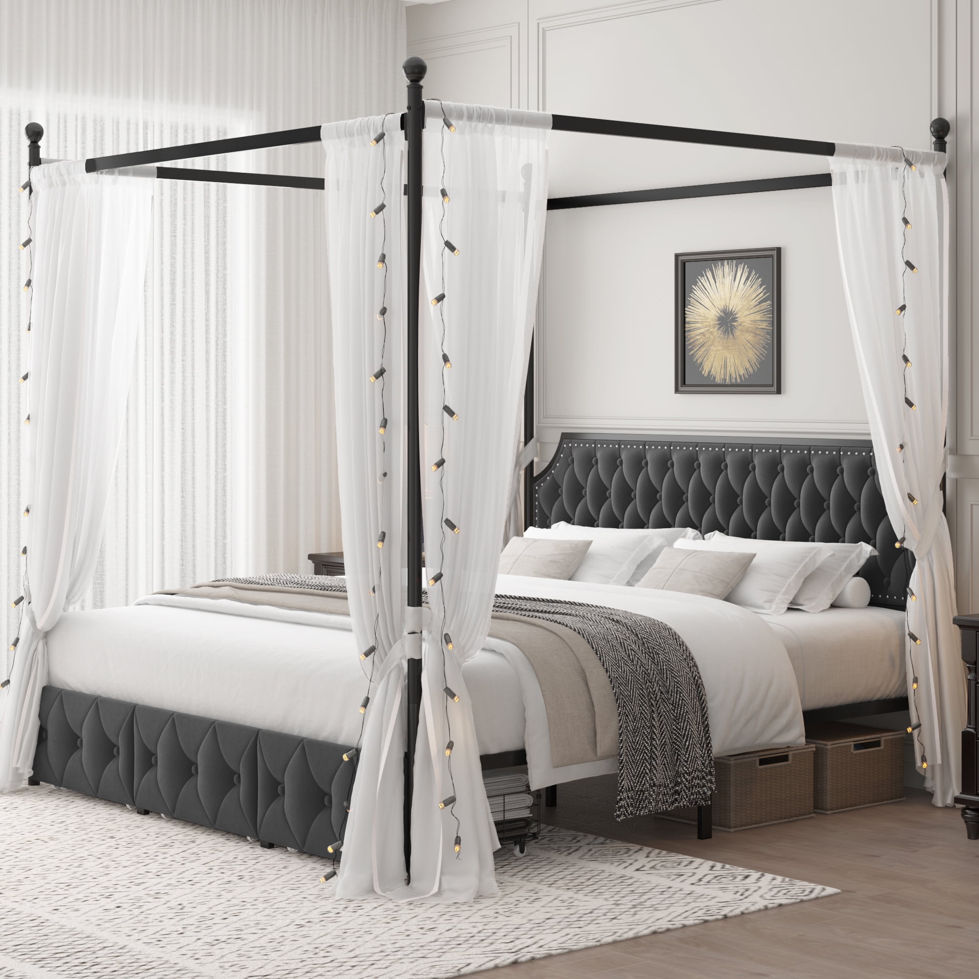 Homfa King Size Removable Canopy Bed Frame for Bedroom 3 Storage