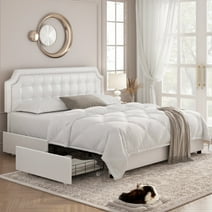 Homfa King Size Storage Bed, 4 Drawers PU Leather Platform Bed Frame with Adjustable Upholstered Headboard, White