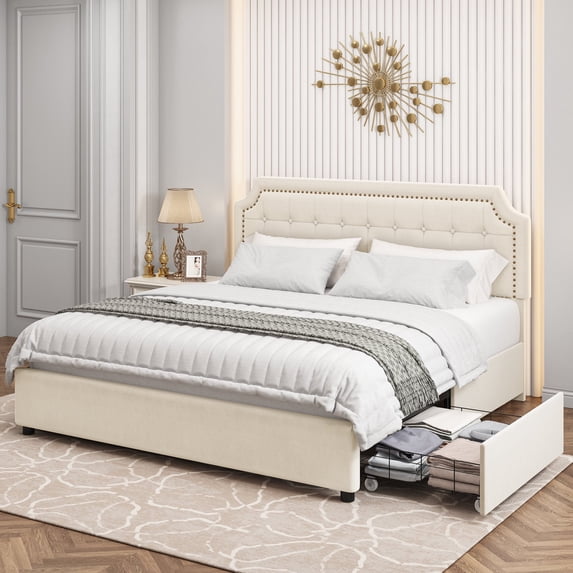 Homfa King Size Storage Bed, 4 Drawers Vevlet Platform Bed Frame with Adjustable Upholstered Headboard, Creamy White