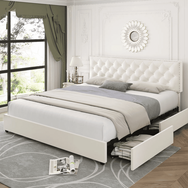 Homfa Faux Leather Upholstered Platform Bed Frame with Adjustable Diamond Button Tufted Headboard, Wooden Slats Support, Mattress Foundation, No Box