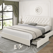 Homfa King Size Storage Bed with 4 Drawers, Button Tufted Upholstered Platform Bed Frame with Adjustable Headboard, Off-White