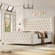 Homfa King Size Bed Frame, Modern Velvet Tufted Wingback Bed, Platform Bed with 55H Upholstered Headboard, Off-White