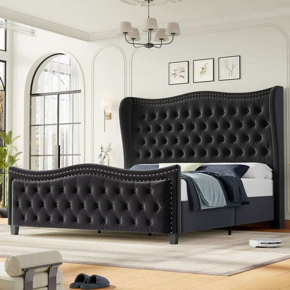 Homfa King Size Upholstered Bed, Modern Velvet Tufted Platform Bed with Wingback Headboard, Black