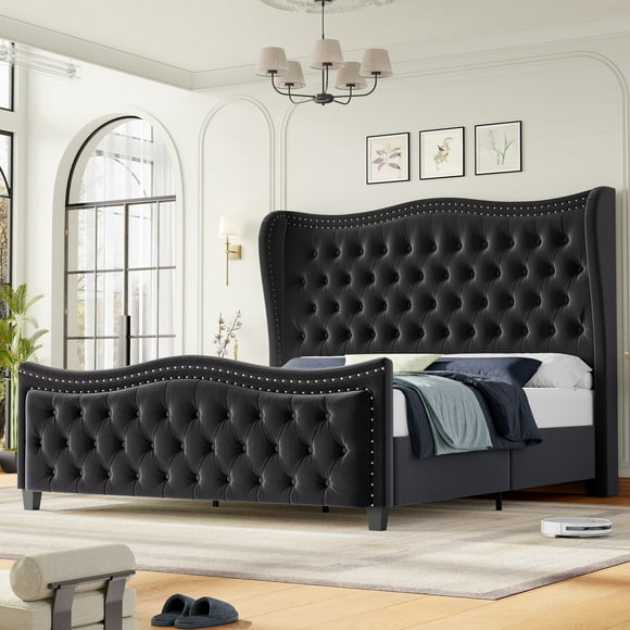 Homfa King Size Upholstered Bed, Modern Velvet Tufted Platform Bed with Wingback Headboard, Black