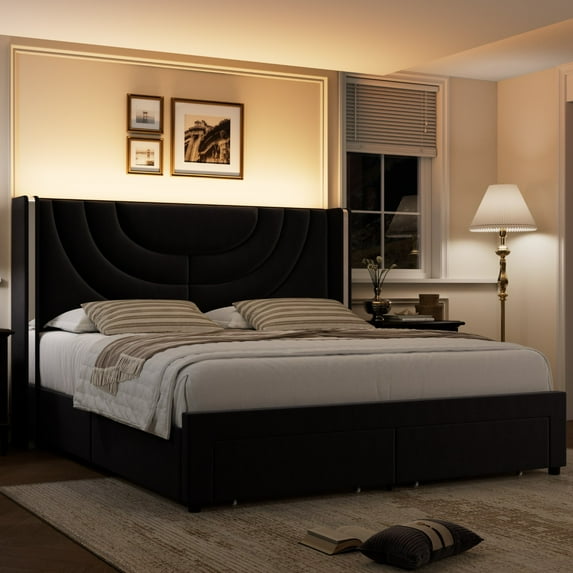 Homfa King Size LED Bed Frame with 2 Drawer Storage, Wingback Platform Bed with Velvet Upholstered Headboard, Black