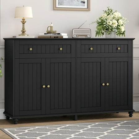 Homfa 55.1"W Kitchen Black Buffet Cabinet with Storage Drawer & Adjustable Shelf, Wood Coffee Bar Cabinet Sideboard for Dining Room