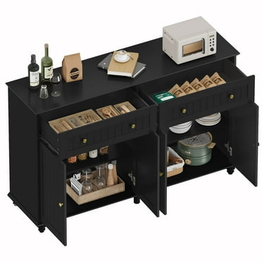 Homfa Kitchen Black Buffet Cabinet with Adjustable Shelf, 4-Doors 2 Large Drawers Wood Sideboard Storage Cabinet Coffee Bar for Living Room