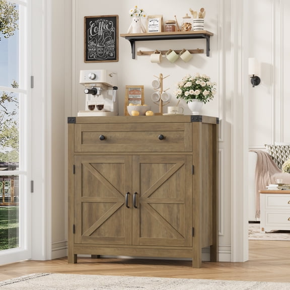 Homfa Kitchen Buffet Sideboard with Drawer, Compact Coffee Bar with Adjustable Shelf for Dining Room, Rustic Brown