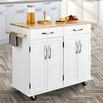 Homfa Kitchen Island Cart on Wheels with 2 Drawers & 4 Doors, Rolling Storage Cart with Adjustable Shelves & Rubber Wood Top, White