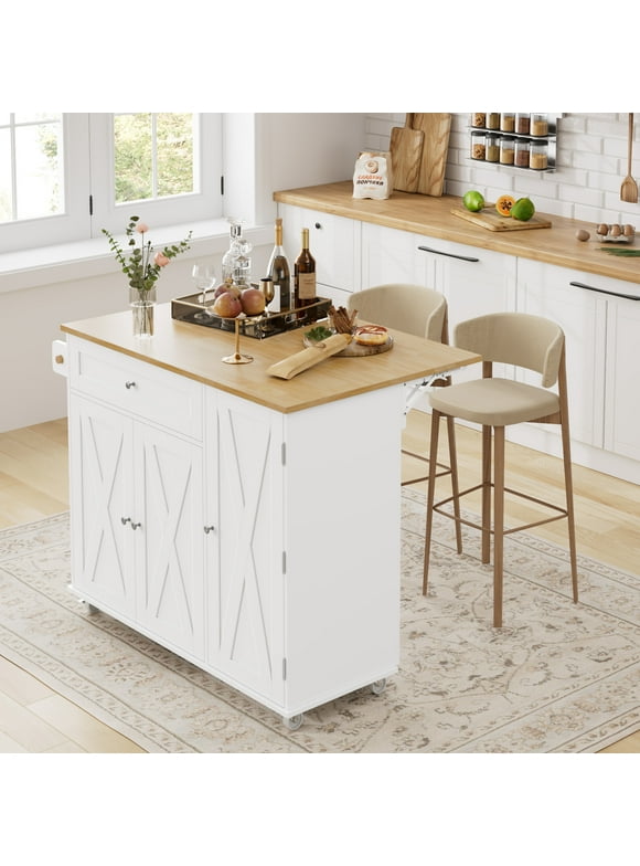 Homfa Kitchen Island with Storage, 27.6" W Wood Kitchen Island Cart with Drop Leaf, White Rolling Cart with Lockable Wheels
