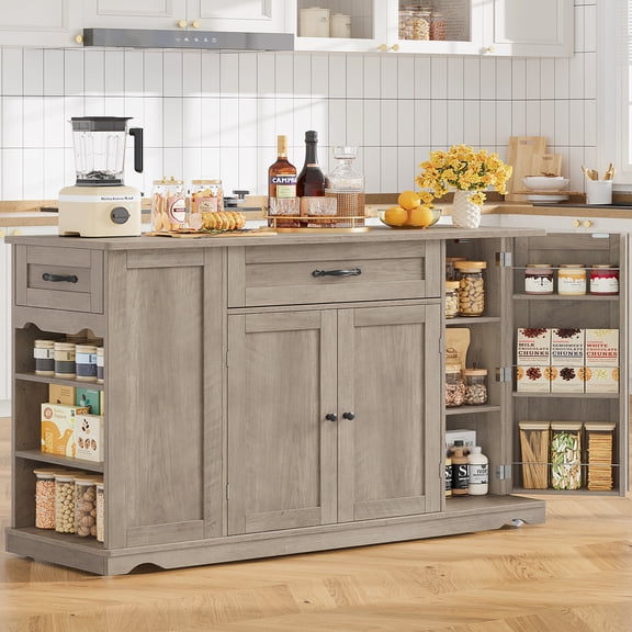 Homfa Kitchen Island with Wheels & Adjustable Shelf, 2 Drawer Farmhouse Buffet Cabinet Sideboard Coffee Bar for Dining Room Living Room, Gray