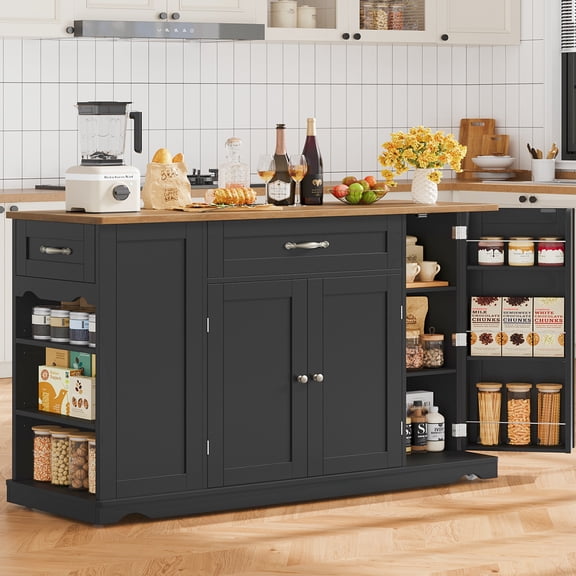 Homfa Kitchen Island with Wheels & Adjustable Shelf, 2 Drawer Modern Buffet Cabinet Sideboard Coffee Bar for Dining Room Living Room, Black