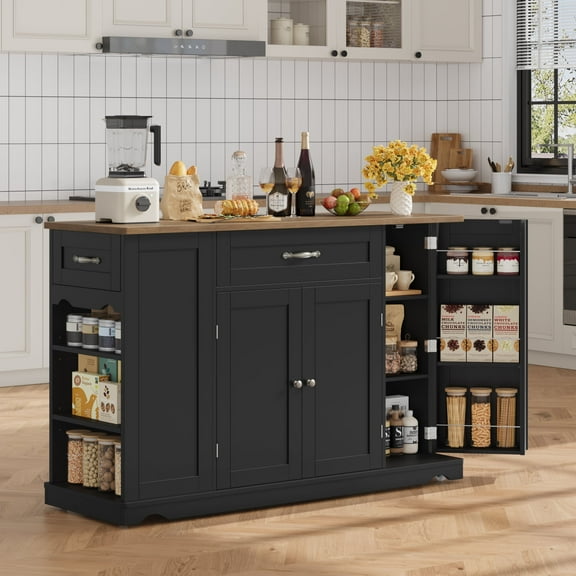 Homfa Kitchen Island with Wheels & Adjustable Shelf, 2 Drawer Modern Buffet Cabinet Sideboard Coffee Bar for Dining Room Living Room, Black