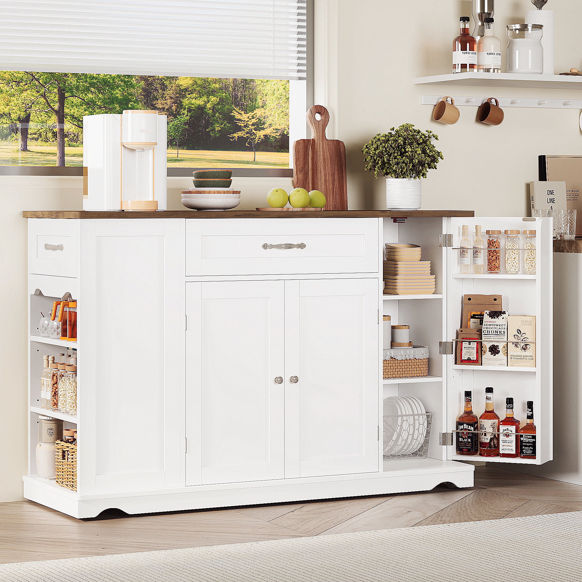 Homfa Kitchen Island with Wheels & Adjustable Shelf, 2 Drawer Modern Buffet Cabinet Sideboard Coffee Bar for Dining Room Living Room, White