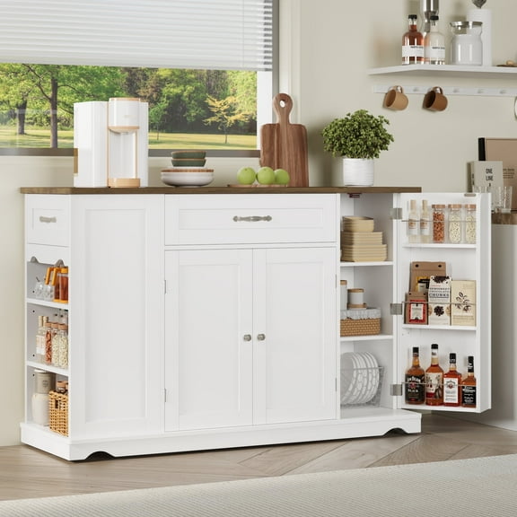 Homfa Kitchen Island with Wheels & Adjustable Shelf, 2 Drawer Modern Buffet Cabinet Sideboard Coffee Bar for Dining Room Living Room, White