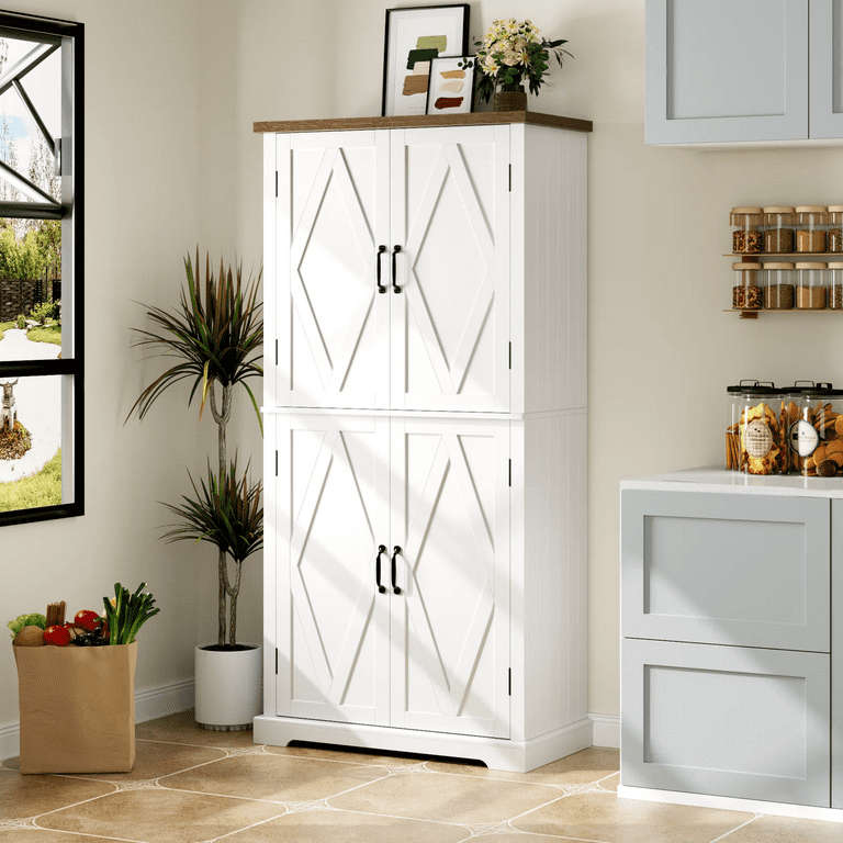 Homfa Kitchen Food Pantry Cabinet, 63.5'' Tall Storage Cabinet with Frosted  Glass Doors and Adjustable Shelves, White