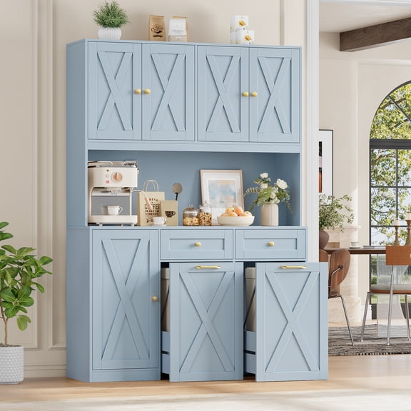 Homfa Kitchen Pantry Cabinet, Trash Can Cabinets Fits 12.5 Gallon Can, 5 Door 2 Drawer Kitchen Storage Cabinet with Hutch, Freestanding Cupboard, Blue