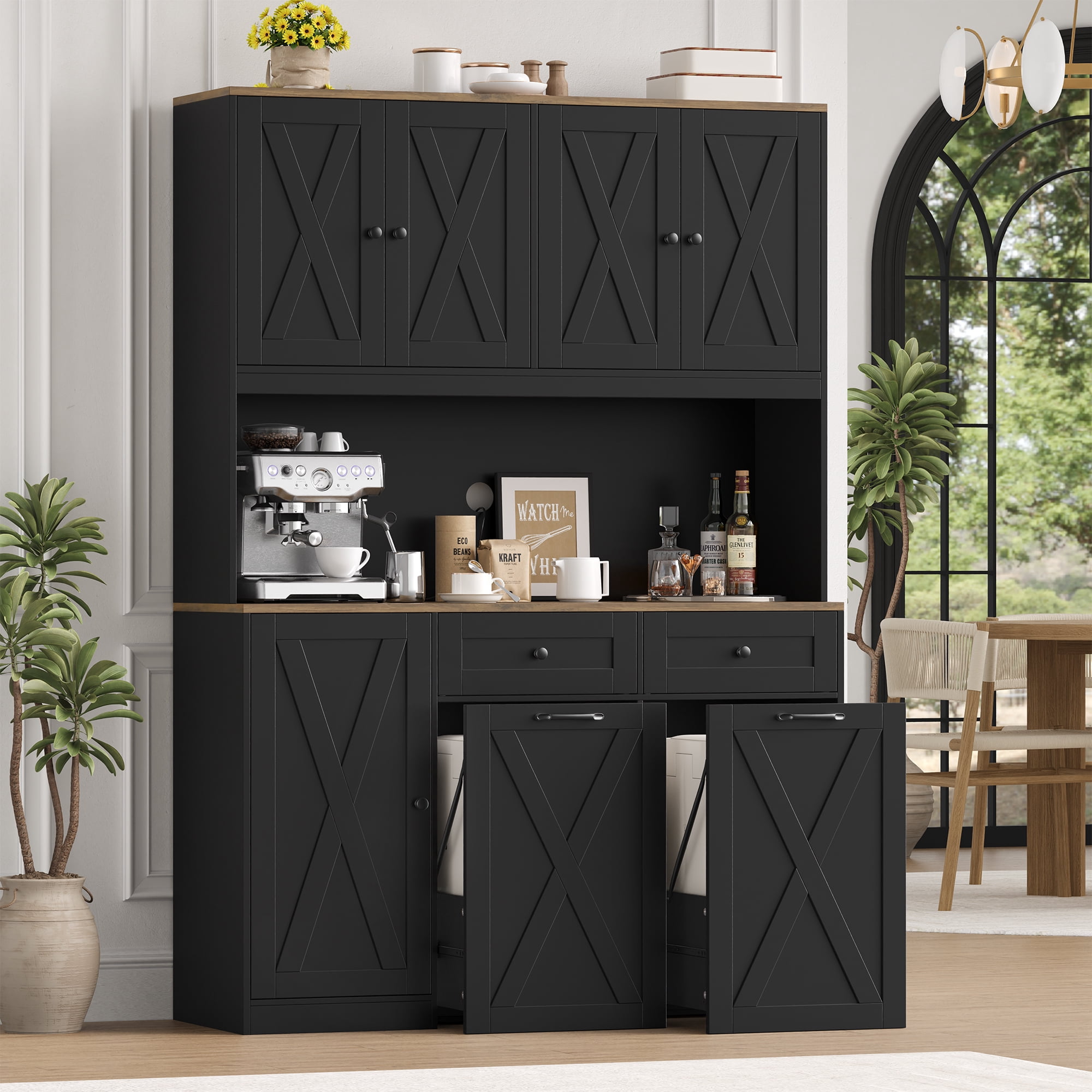 Homfa Kitchen Pantry Cabinet, Trash Can Cabinets Fits 12.5 Gallon Can, 5 Door 2 Drawer Kitchen Storage Cabinet with Hutch, Freestanding Cupboard, Black