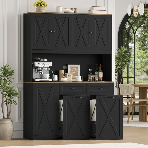 Homfa Kitchen Pantry Cabinet, Trash Can Cabinets Fits 12.5 Gallon Can, 5 Door 2 Drawer Kitchen Storage Cabinet with Hutch, Freestanding Cupboard, Black