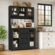 Homfa 71'' Pantry Hutch with Cabinet & Drawers for Kitchen, Glass Doors Storage Cabinet with Adjustable Shelves for Dining Room, Black