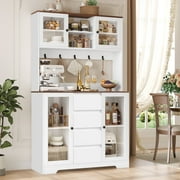 Homfa 71'' Pantry Hutch with Cabinet & Drawers for Kitchen, Glass Doors Storage Cabinet with Adjustable Shelves for Dining Room, White