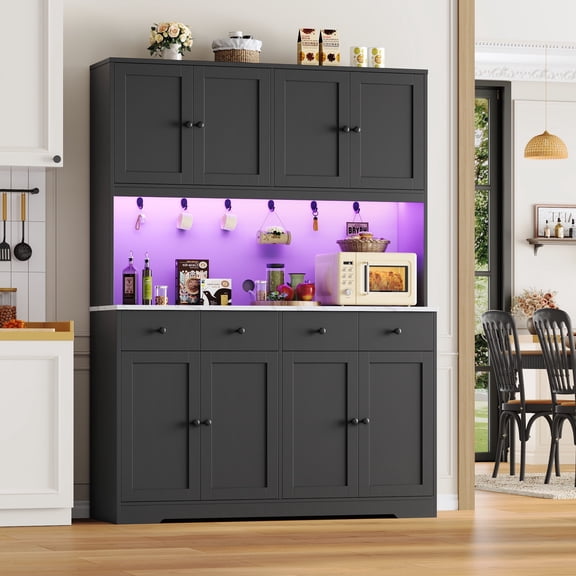 Homfa Kitchen Pantry Cabinet with LED, 72.4" Freestanding Kitchen Cabinet with Hutch & 4 Drawers, Wood Storage Cabinet for Dining Living Room, Black