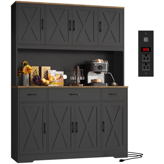 Homfa Kitchen Pantry with Hutch and Drawers, 71" Tall Storage Cabinet with 55" Wide Countertop and Built-In Power Outlet, Farmhouse Coffee Bar for Dining Room, Black & Rustic Brown