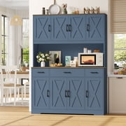 Homfa Kitchen Pantry with Hutch and Drawers, 71" Tall Storage Cabinet with 55" Wide Countertop and Built-In Power Outlet, Farmhouse Coffee Bar for Dining Room, Blue & Rustic Brown
