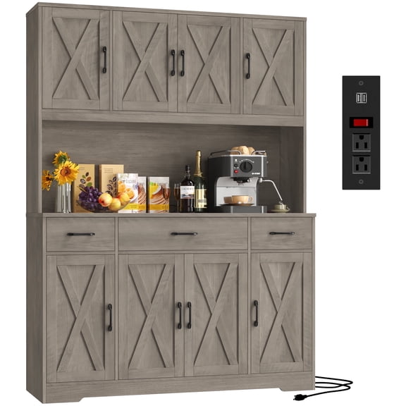 Homfa Kitchen Pantry with Hutch and Drawers, 71" Tall Storage Cabinet with 55" Wide Countertop and Built-In Power Outlet, Farmhouse Coffee Bar for Dining Room, Gray