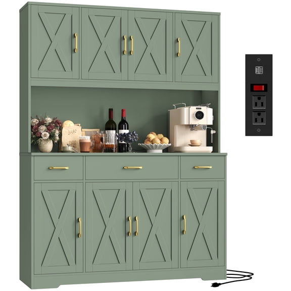 Homfa Kitchen Pantry with Hutch and Drawers, 71" Tall Storage Cabinet with 55" Wide Countertop and Built-In Power Outlet, Farmhouse Coffee Bar for Dining Room, Green