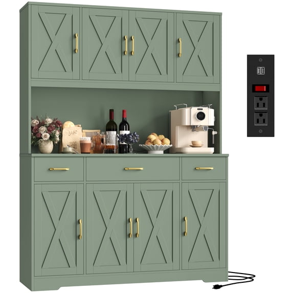 Homfa Kitchen Pantry with Hutch and Drawers, 71" Tall Storage Cabinet with 55" Wide Countertop and Built-In Power Outlet, Farmhouse Coffee Bar for Dining Room, Green
