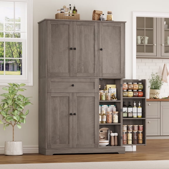 Homfa Kitchen Pantry Storage Cabinet, 68" Food Pantry Cabinet with Drawer and Door Shelf, 6 Door Freestanding Cupboard Buffet for Dining Room, Wash Gray
