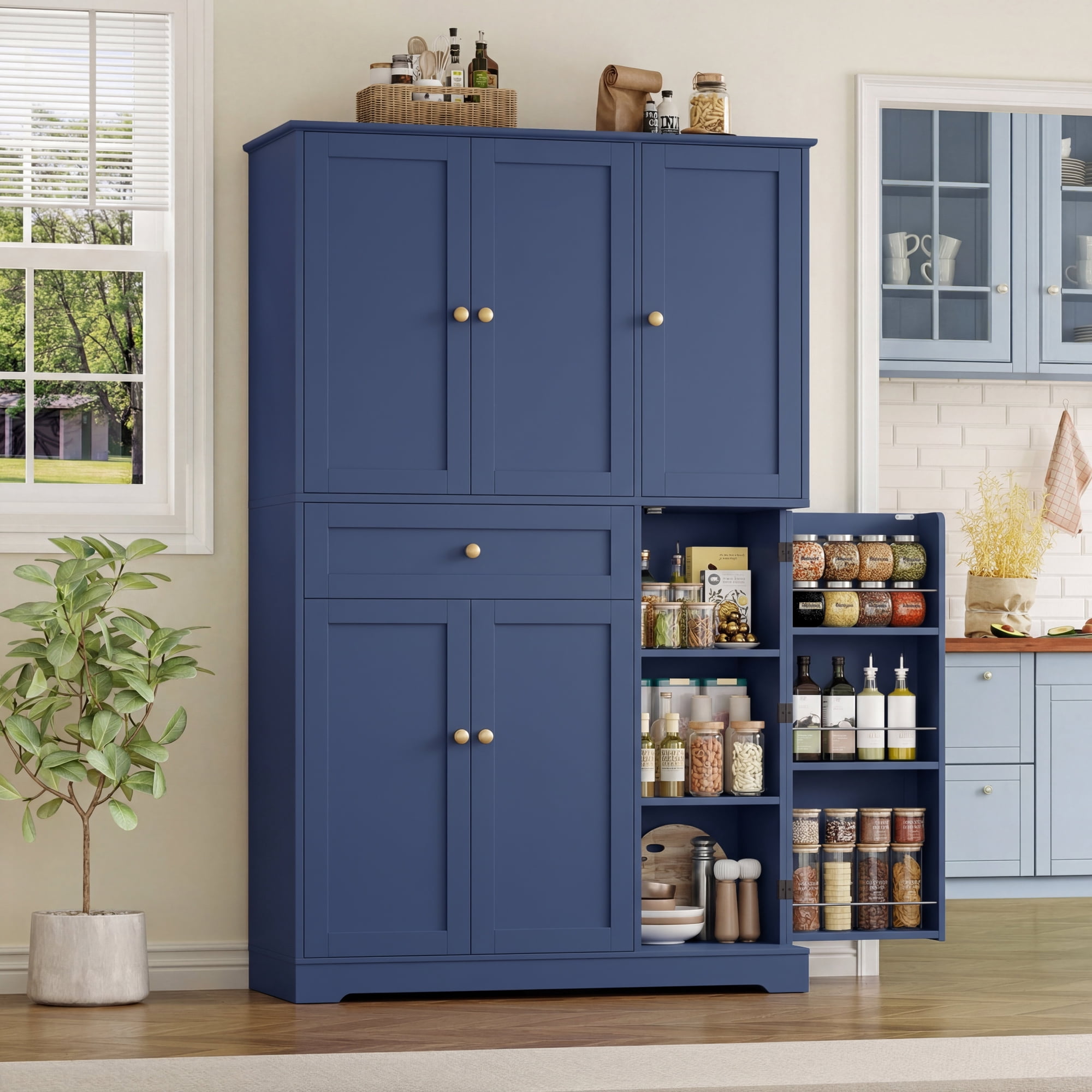 Homfa Kitchen Pantry Storage Cabinet, 68" Food Pantry Cabinet with Drawer and Door Shelf, 6 Door Freestanding Cupboard Buffet for Dining Room, Blue