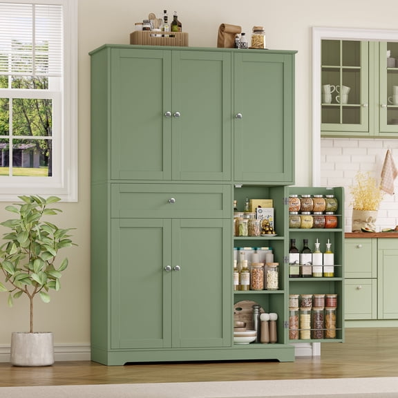 Homfa Kitchen Pantry Storage Cabinet, 68" Food Pantry Cabinet with Drawer and Door Shelf, 6 Door Freestanding Cupboard Buffet for Dining Room, Green
