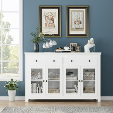 Homfa Kitchen Sideboard with 2 Drawer and Glass Door, Modern Buffet Cabinet for Dining Room, White