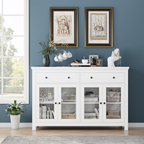Homfa Kitchen Sideboard with 2 Drawer and Glass Door, Modern Buffet Cabinet for Dining Room, White
