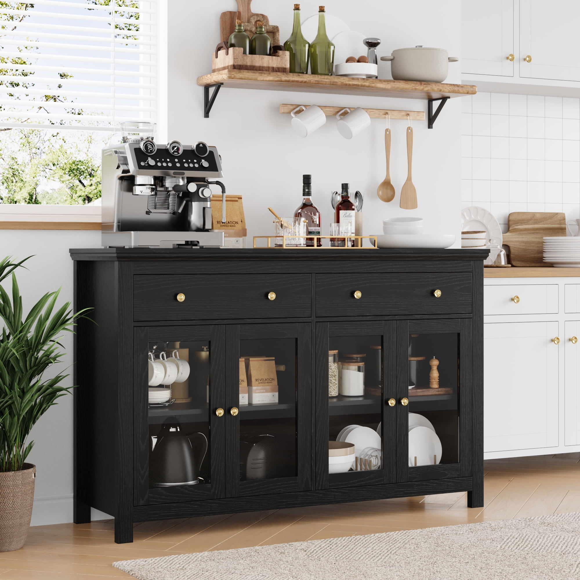 Homfa Kitchen Sideboard with 2 Drawer and Glass Door, Modern Buffet Storage for Dining