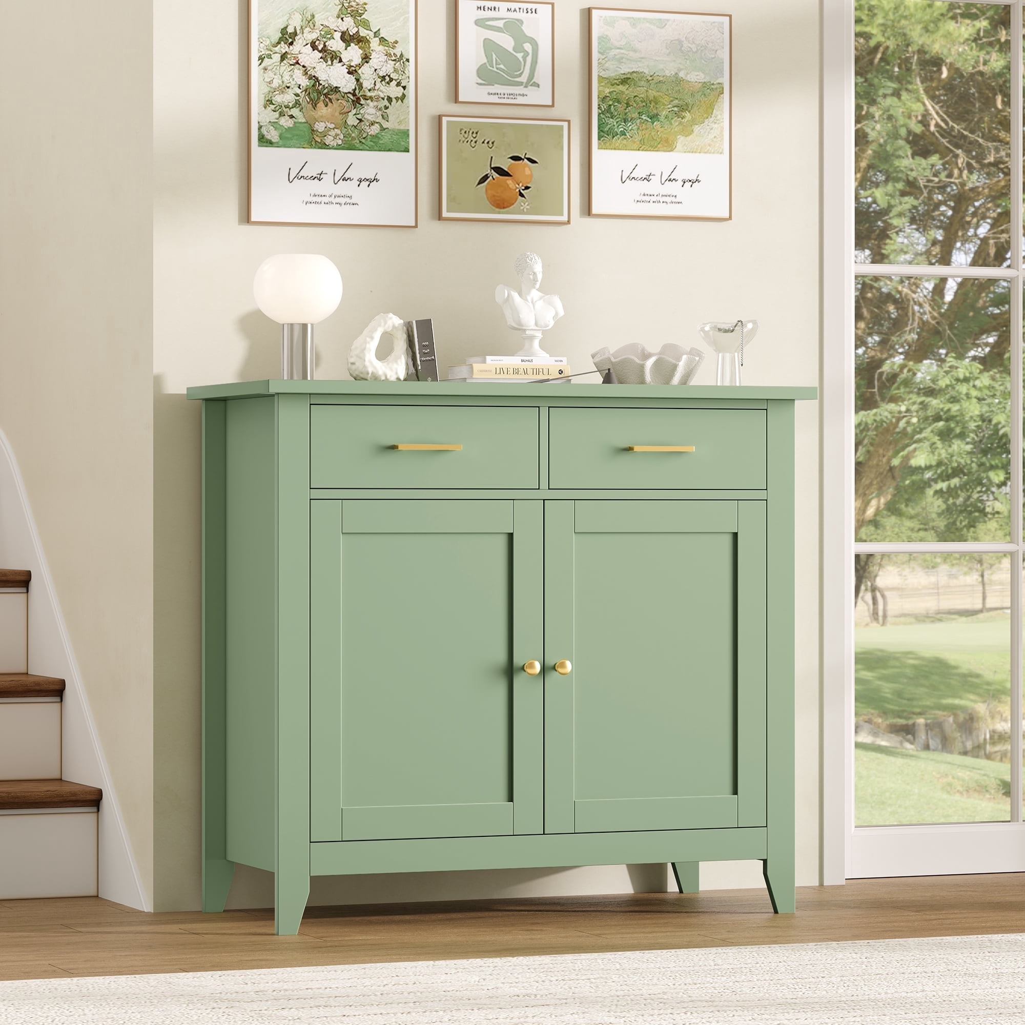 Homfa Kitchen Storage Cabinet, Farmhouse Buffet Sideboard with 2 Drawers and 2 Doors, Entryway Cabinet Coffee Bar for Dining Room Living Room, Green
