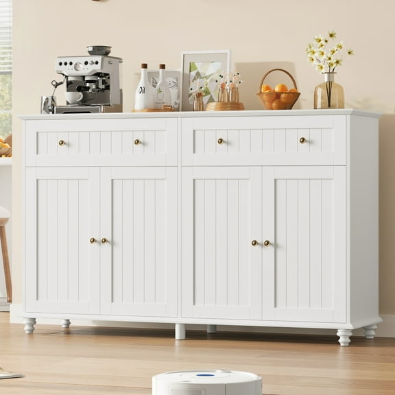 Homfa 55.1"W Kitchen White Buffet Cabinet with Storage Drawer & Adjustable Shelf, Wood Coffee Bar Cabinet Sideboard for Dining Room