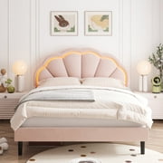Homfa LED Bed Frame, Full Size Bed for Kids Girls, Velvet Upholstered Platform Bed with Adjustable Headboard, Pink