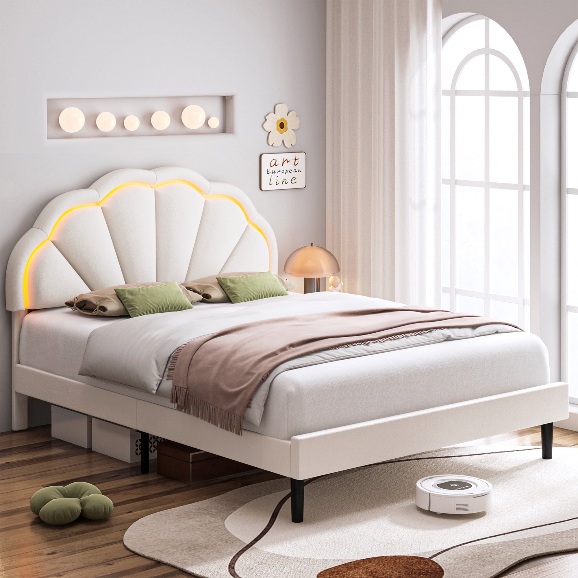 Homfa LED Bed Frame, Queen Size Bed for Kids Girls, Velvet Upholstered Platform Bed with Adjustable Headboard, Off-White
