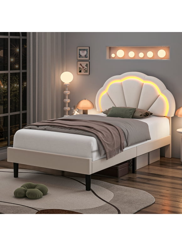 Homfa LED Bed Frame, Twin Size Velvet Upholstered Platform Bed with Adjustable Headboard, Lights Seashell Bed for Kids Girls, Off-White